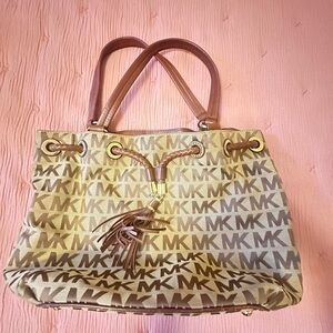 Michael Kors Tan and Brown Logo Tote w/ tassel